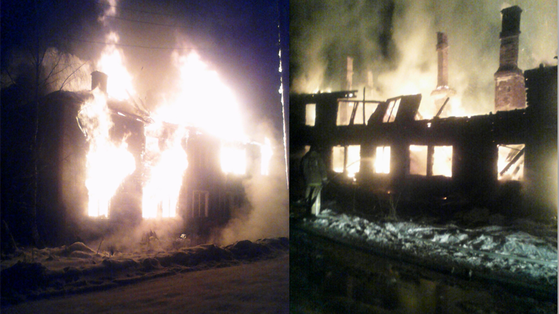 В Вытегре сгорел двухэтажный жилой дом